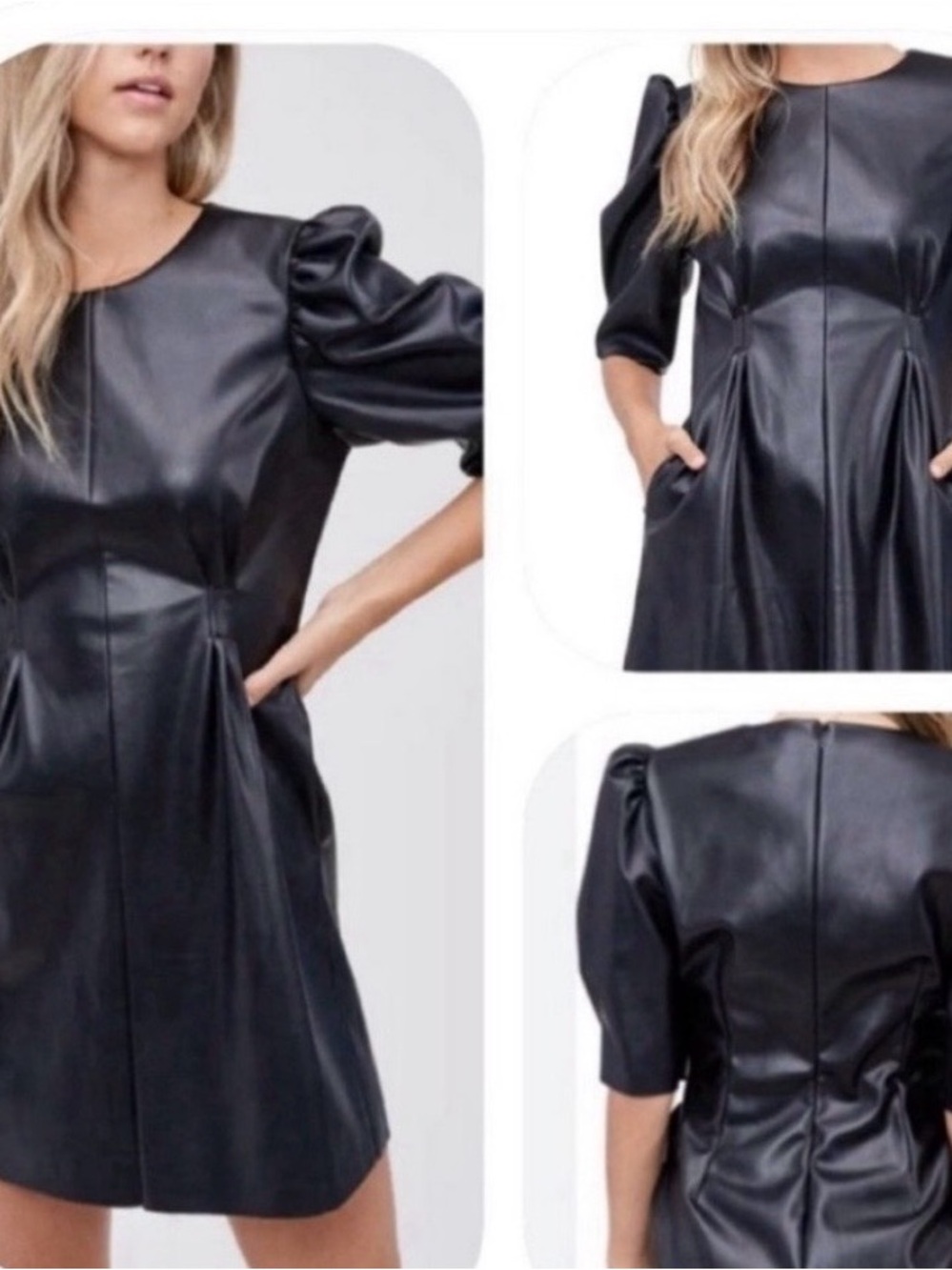 En Saison Puff Sleeve Faux Leather Mini Dress Sz S Black Goth Romantic Rocker